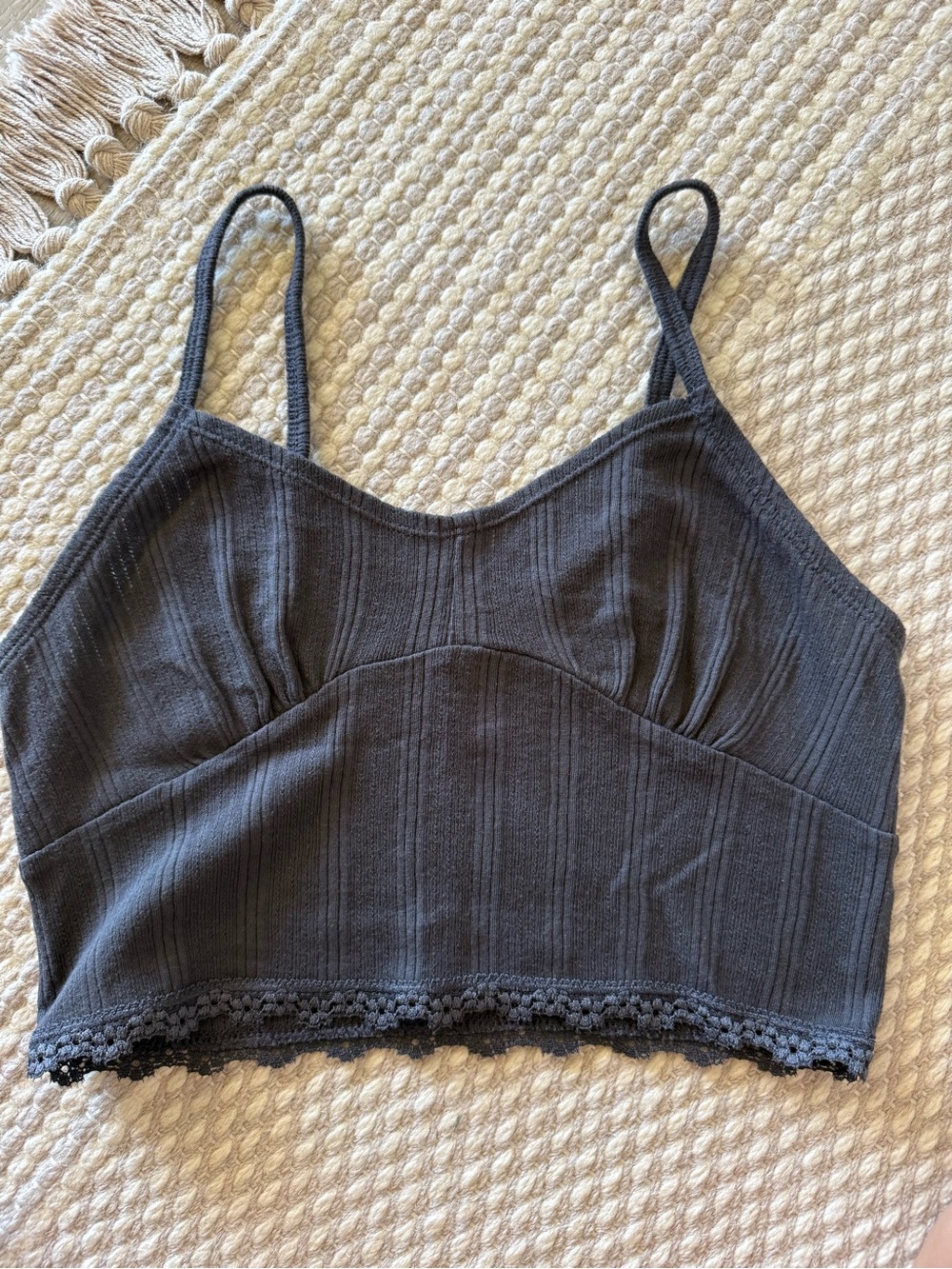New American Eagle Black Gray Lace Trim Bralette Crop Tank Top